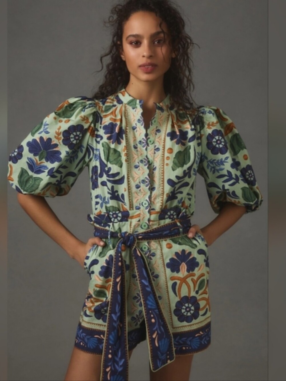 Farm Rio Ocean Tapestry Green Blue Tie Belt Puff Sleeve Cotton Romper XS